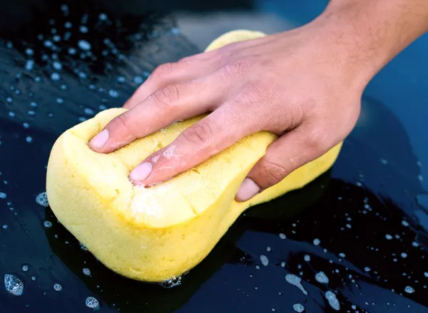 Car Hand Wash with Yellow Sponge and Soap — Stock Photo, Image