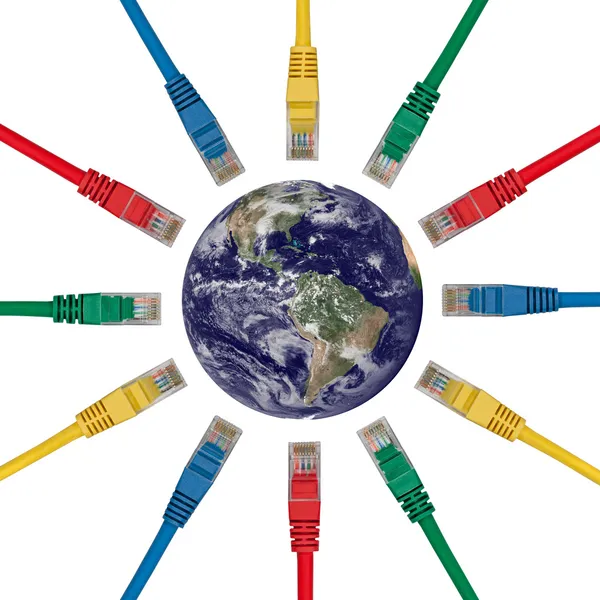 Network plugs pointing to an Earth's western hemisphere — Stock Photo, Image