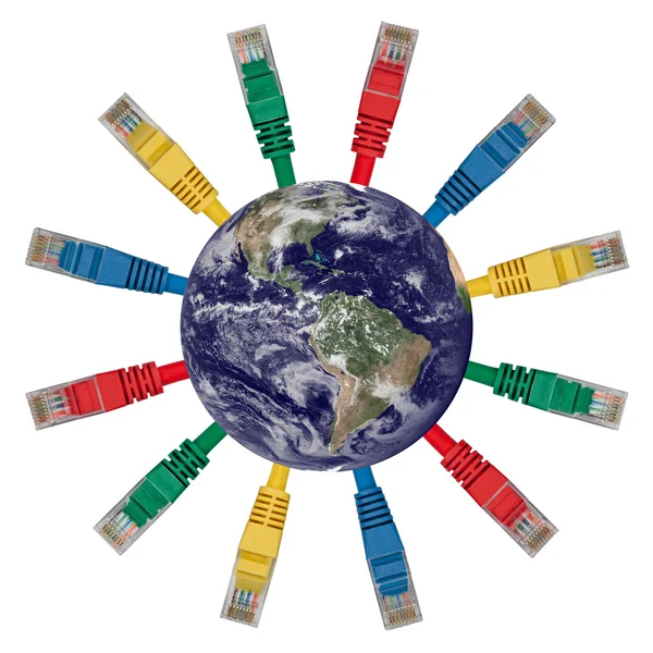 케이블 색깔된 네트워크와 함께 지구의 서반구 — 스톡 사진