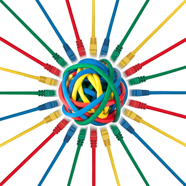 Network cable plugs connected to a ball of colored cables — Stock Photo, Image