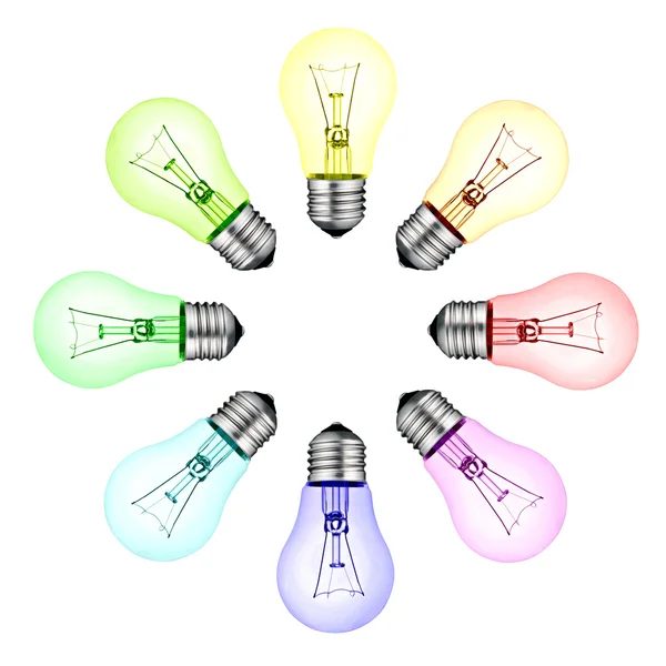 Creatieve nieuwe ideeën - cirkel van gekleurde lightbulbs geïsoleerd — Stockfoto