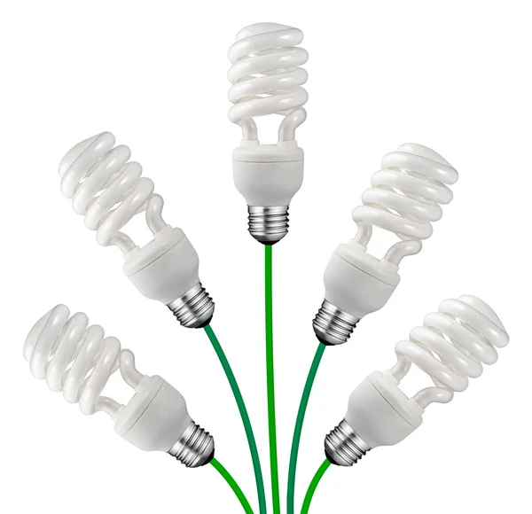 Groene ideeën - spaarder lampen en kabels geïsoleerd — Stockfoto