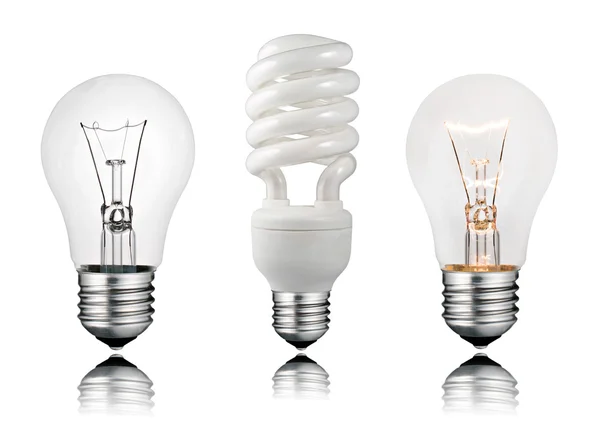 Two Normal and One Saver Lightbulbs with Reflection — Stock Photo, Image