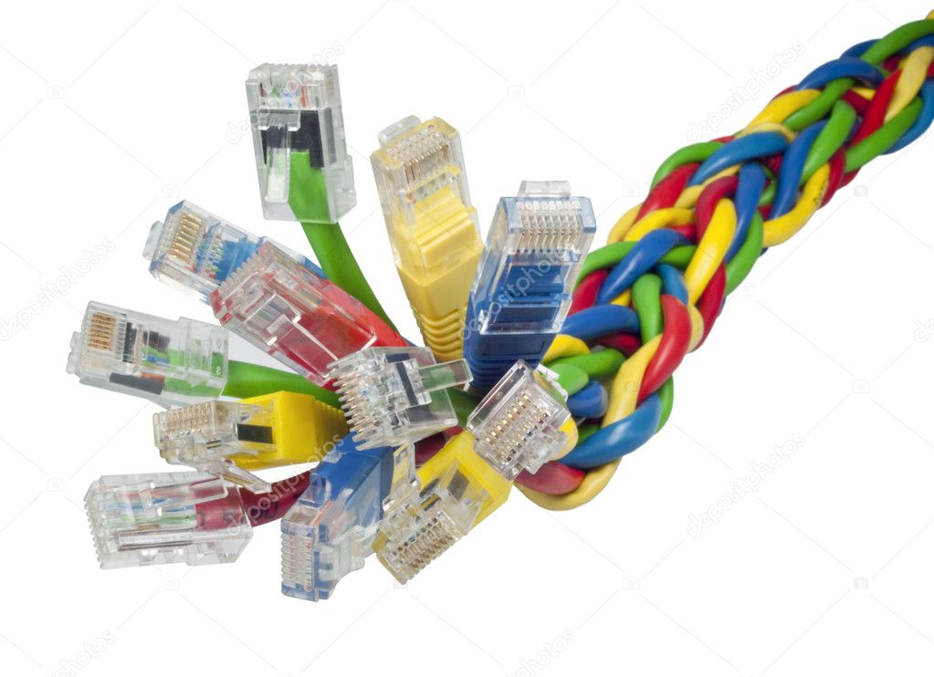 Closeup on bunch of multi coloured ethernet network cables
