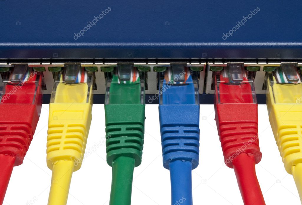 Rainbow colored computer network plugs connected to a router