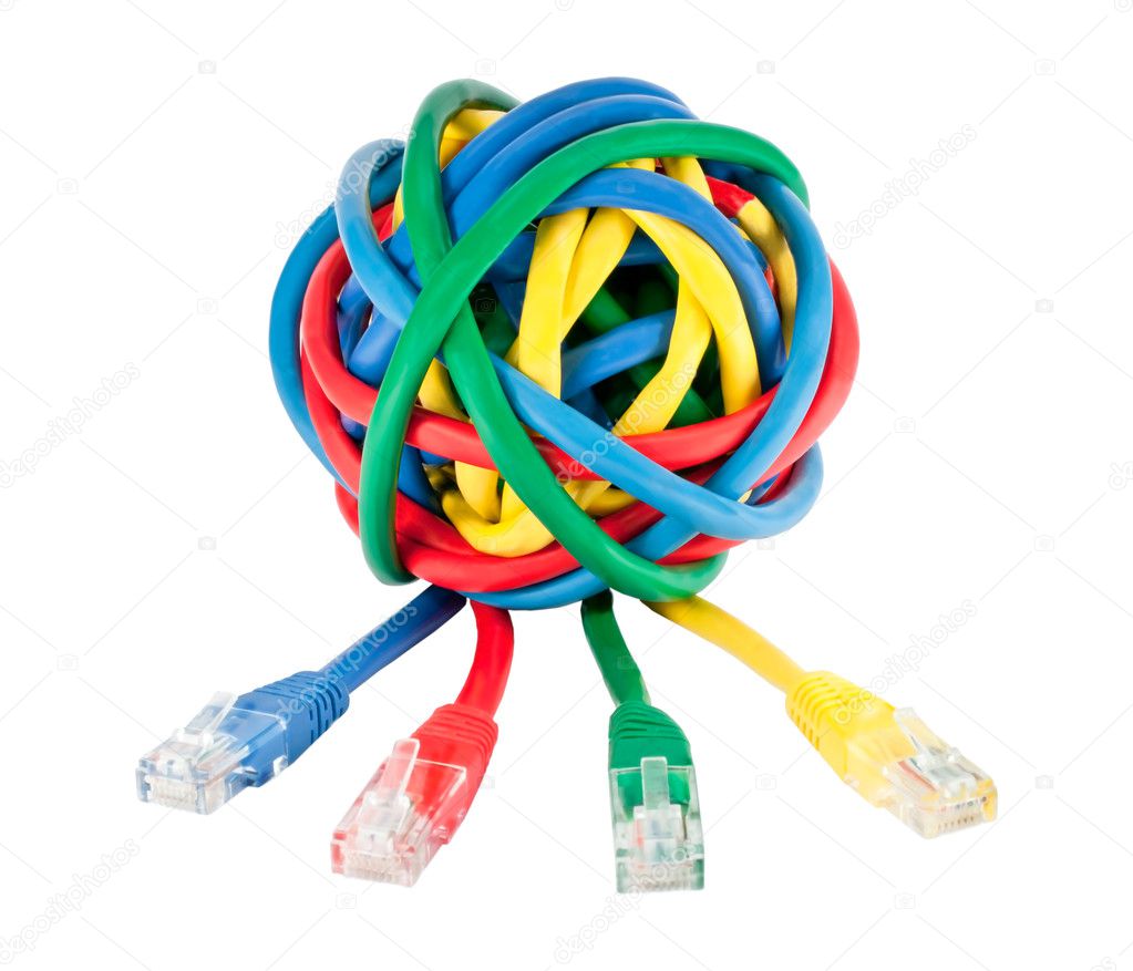 Ball of Colored Network Cables and Plugs Isolated on White
