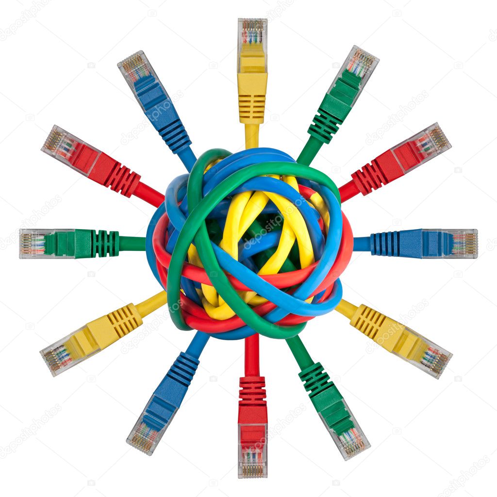 Ball of colored cables with network plugs