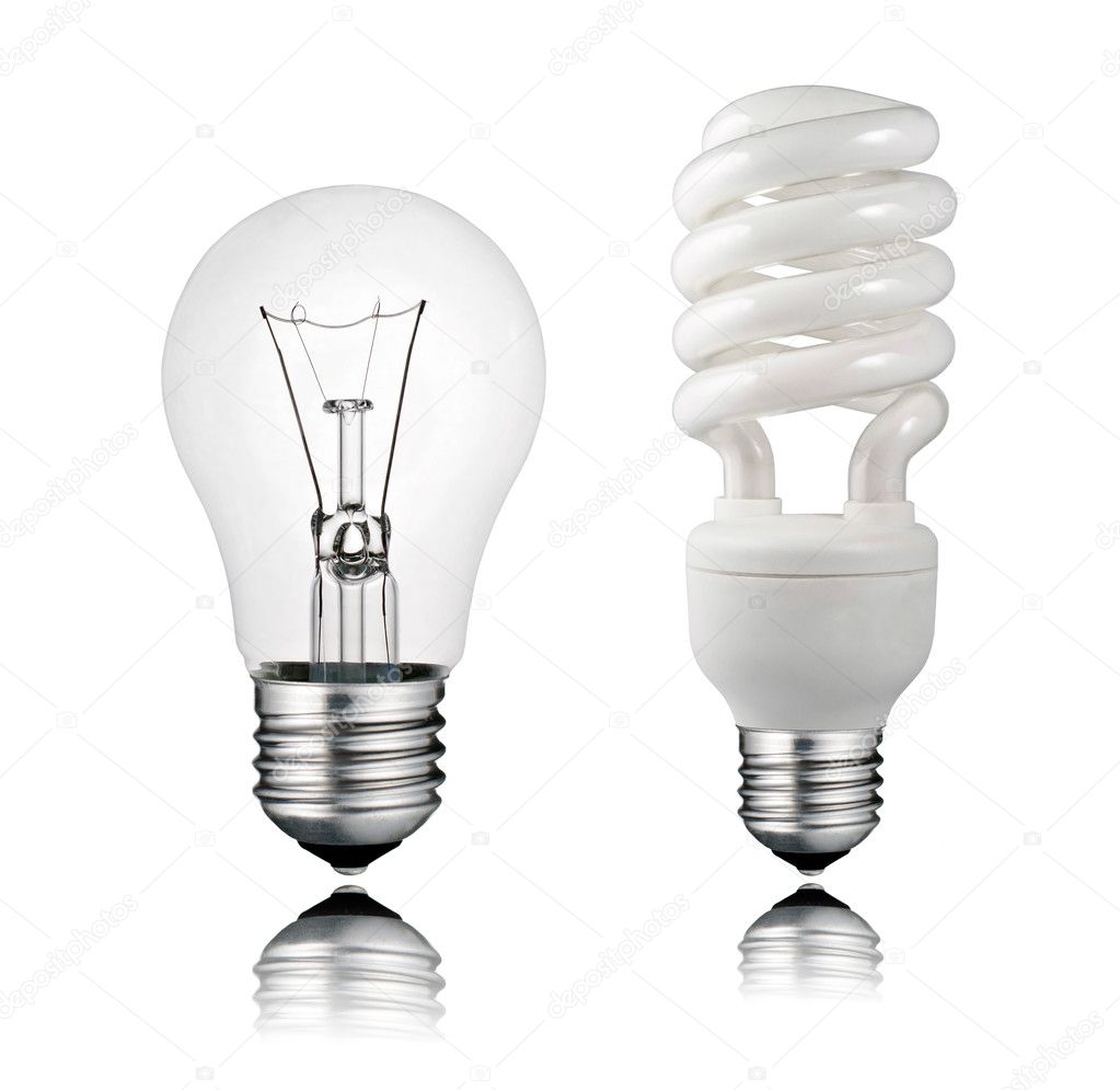 Normal and Saver Lightbulb with Reflection Isolated on White