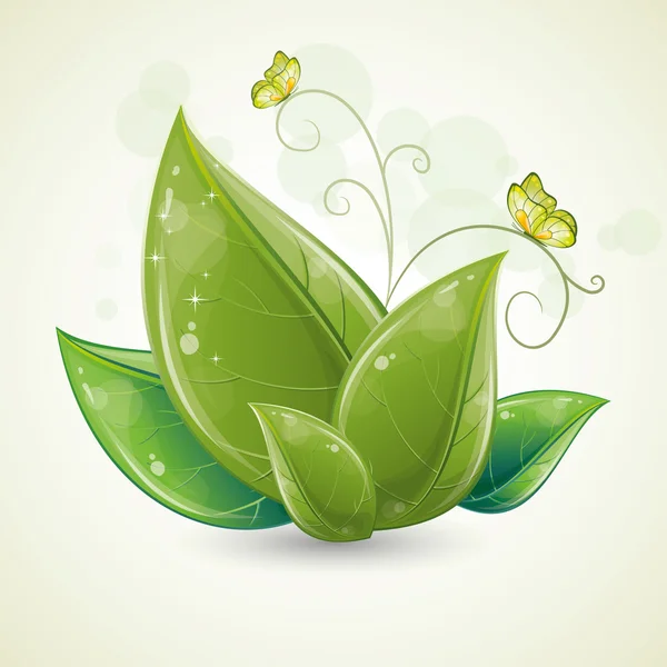 Зеленые листья дизайн с бабочкой — стоковый вектор