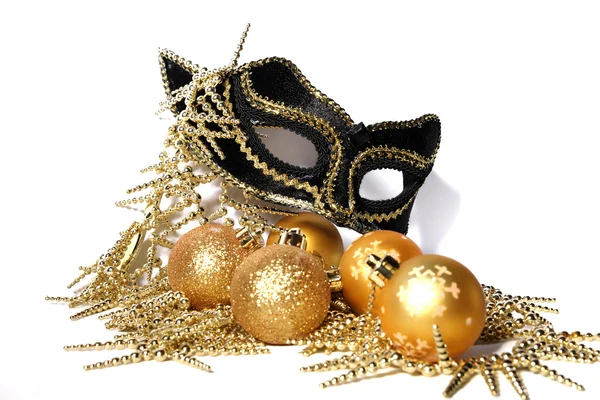 Christmas background with mask and baubles — Stock Photo, Image