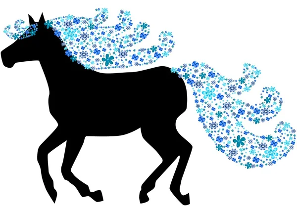 Svart siluett av häst med blommig mane — Stock vektor