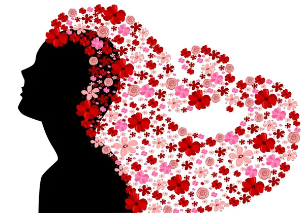 Silhouette noire de femme aux cheveux floraux — Image vectorielle