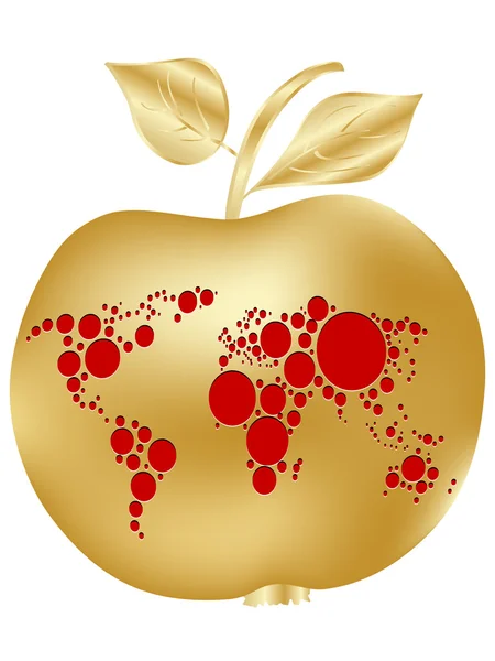 Gouden appel met kaart van de wereld — Stockvector