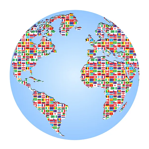 Mapa del mundo con banderas de país en él — Vector de stock