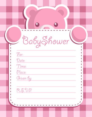 Pink bear holding baby shower invitation card clipart