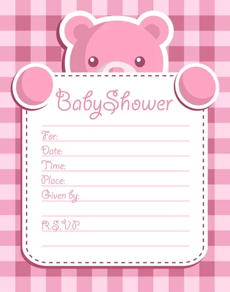 ベビー シャワーの招待カードを保持しているピンクのクマ — ストックベクタ