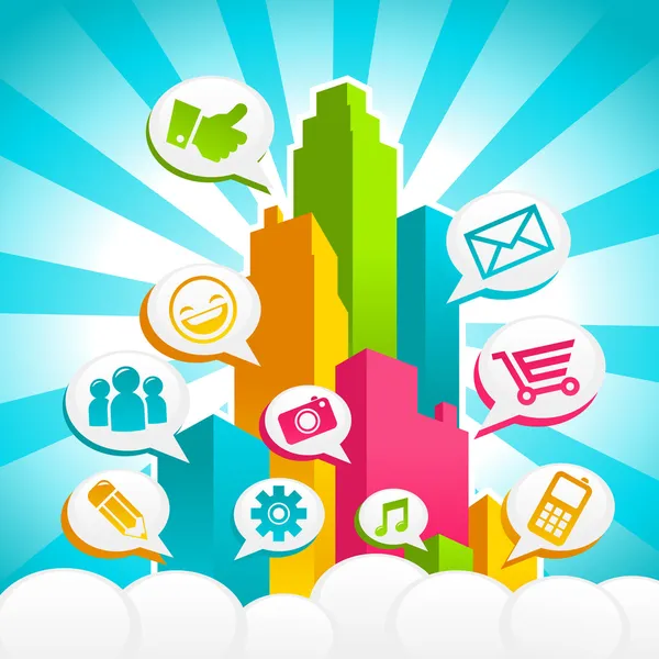 Cidade colorida com bolhas de fala ícones de mídia social — Vetor de Stock