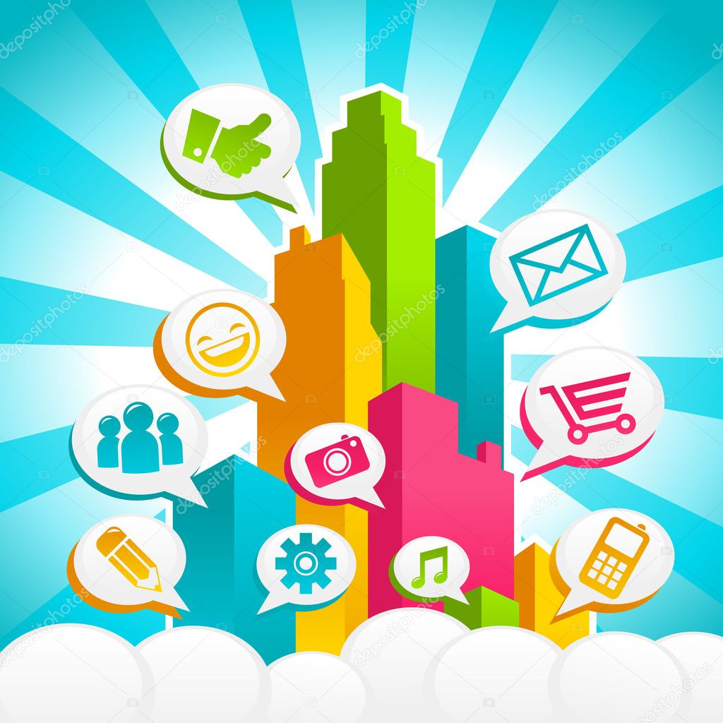 Colorful city with speech bubbles social media icons