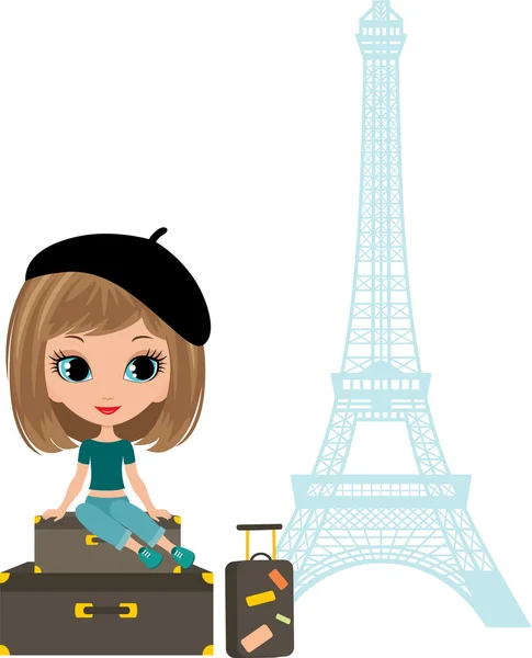 Menina bonita senta-se em uma mala contra Tour d 'Eiffel —  Vetores de Stock