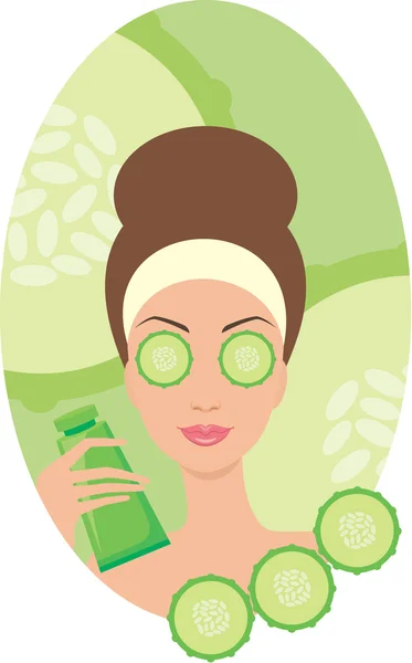 stock vector Beautiful young woman with a cucumber in the face of