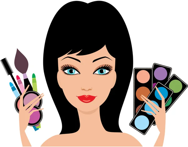 Mujer con cosméticos decorativos en las manos — Vector de stock