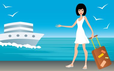 Woman with a suitcase on landing stage clipart