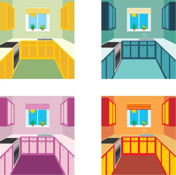 Kitchen interior in four color variants — Stok Vektör