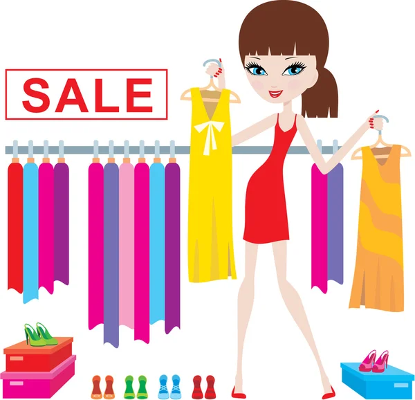 Young woman on clothes and footwear sale — Stock Vector