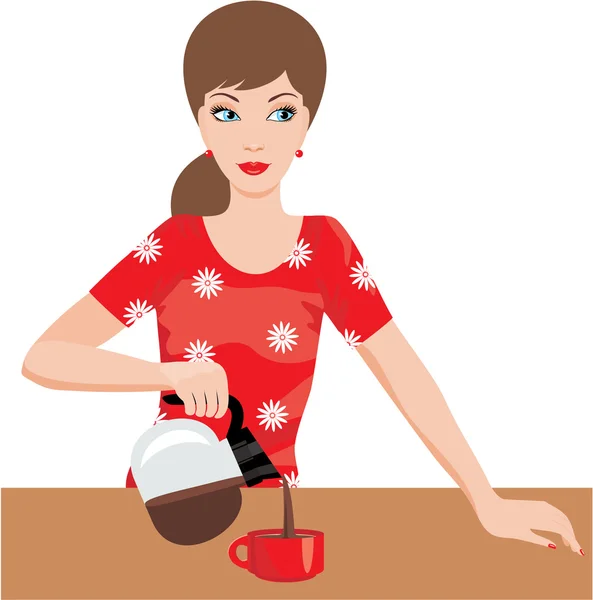 Γυναίκα στην κουζίνα χύνει καφέ — Διανυσματικό Αρχείο