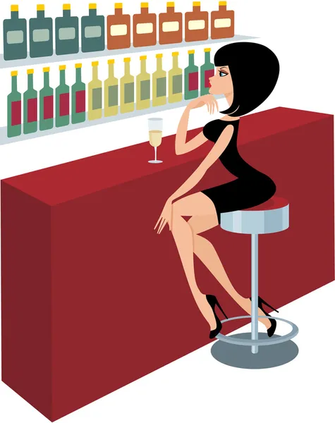 Mulher jovem senta-se em um balcão de bar —  Vetores de Stock