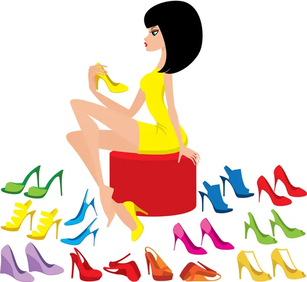 Jovem mulher tenta sapatos — Vetor de Stock