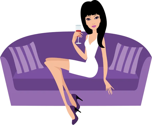 一杯葡萄酒杯的年轻女人坐在沙发上 — 图库矢量图片