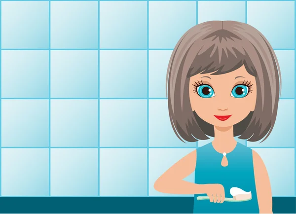 Fille brosse les dents dans une salle de bain — Image vectorielle