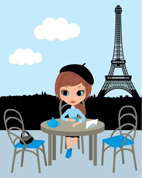 Pretty girl in the Parisian cafe — Stock Vector