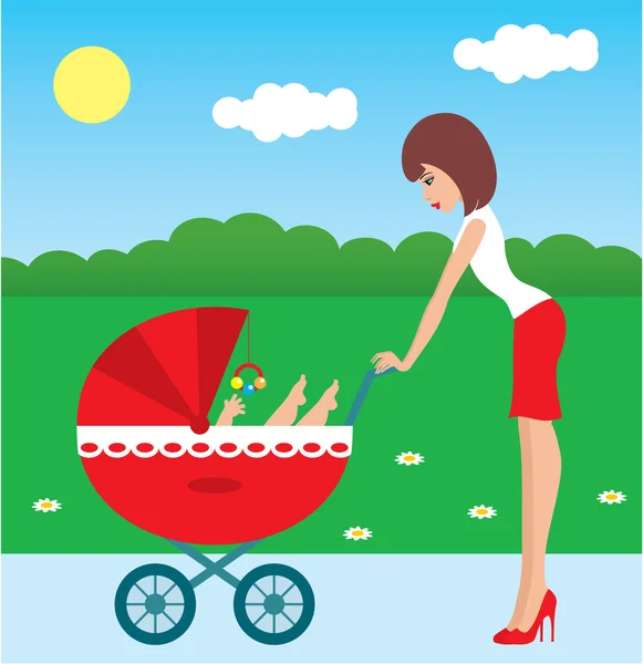 Мати прогулянки з дитиною у колясці — стоковий вектор