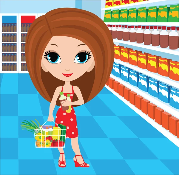 Donna cartone animato in un supermercato — Vettoriale Stock