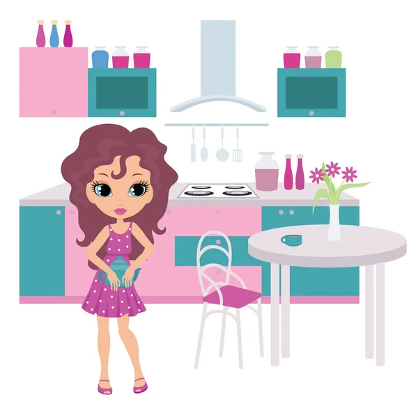Menina dos desenhos animados na cozinha carrega um bule — Vetor de Stock