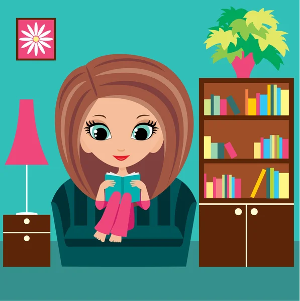 Дівчина мультфільм читає книгу на дивані — стоковий вектор