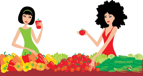 Две женщины покупают овощи — стоковый вектор