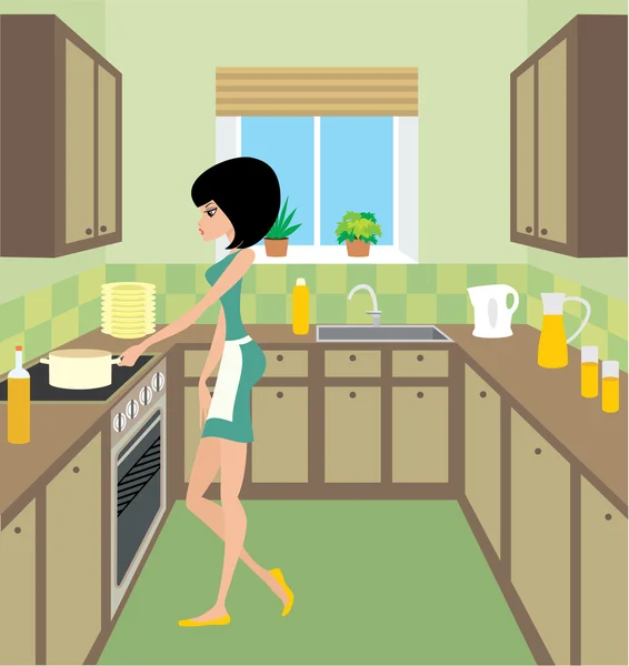 Jonge vrouw op keuken — Stockvector