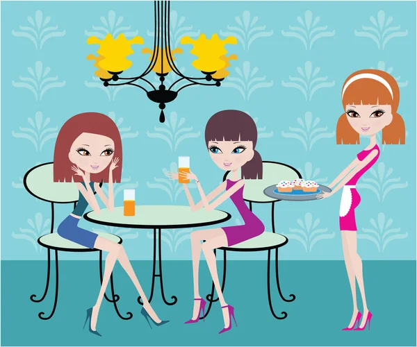 Друзі в кафе і офіціантка — стоковий вектор