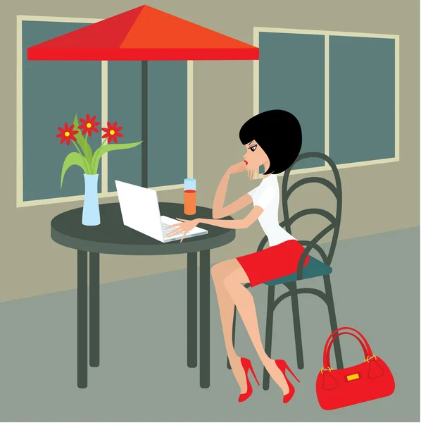 Giovane donna con il computer portatile in caffè — Vettoriale Stock