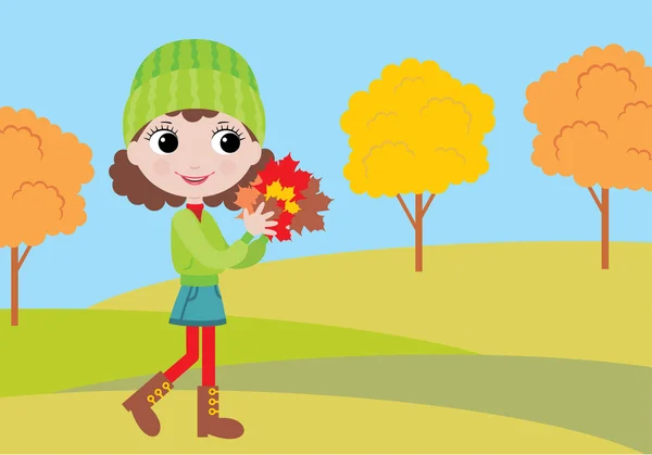 Kleines Mädchen mit Herbstblättern — Stockvektor