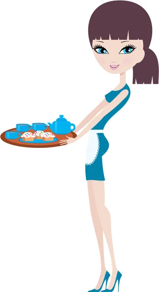Joven camarera atractiva con una bandeja sobre un fondo blanco — Vector de stock