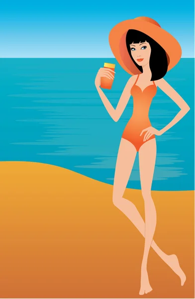 Une jeune femme tient une crème solaire — Image vectorielle