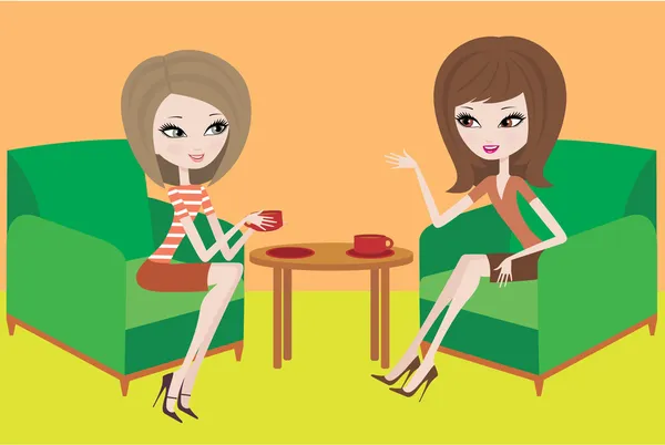 Two young women talk in armchairs — Stock Vector