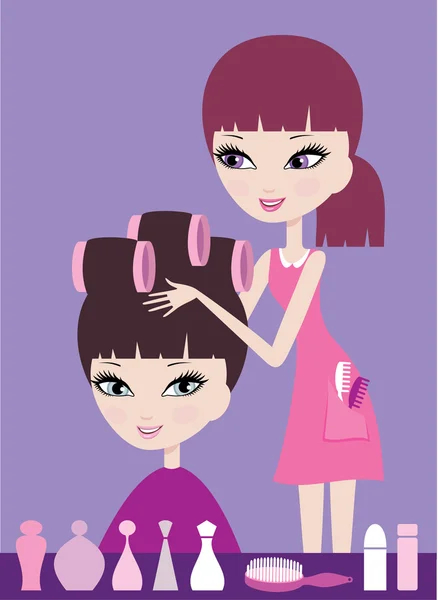 Girl with hair in curlers and the hairdresser — Stock Vector