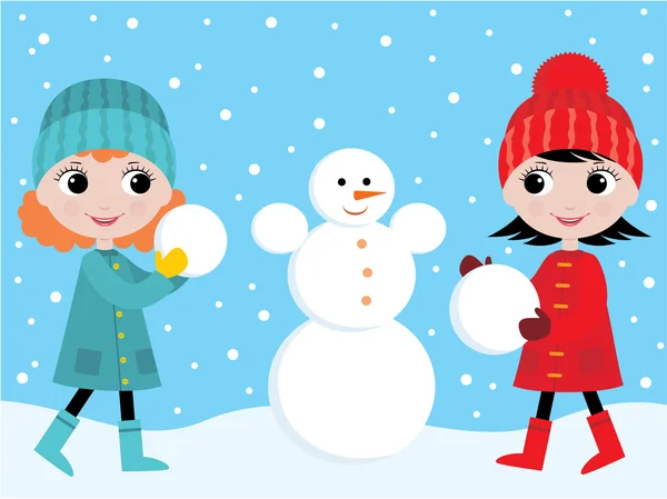 Маленькие девочки строят снеговика — стоковый вектор