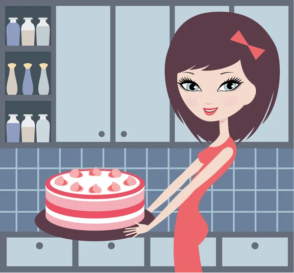Güzel bir kız bir pasta tutar — Stok Vektör