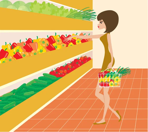Süpermarkette bir kadın — Stok Vektör